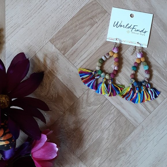 World Finds Kantha Fringe Tassel Earrings - Picture 1 of 4